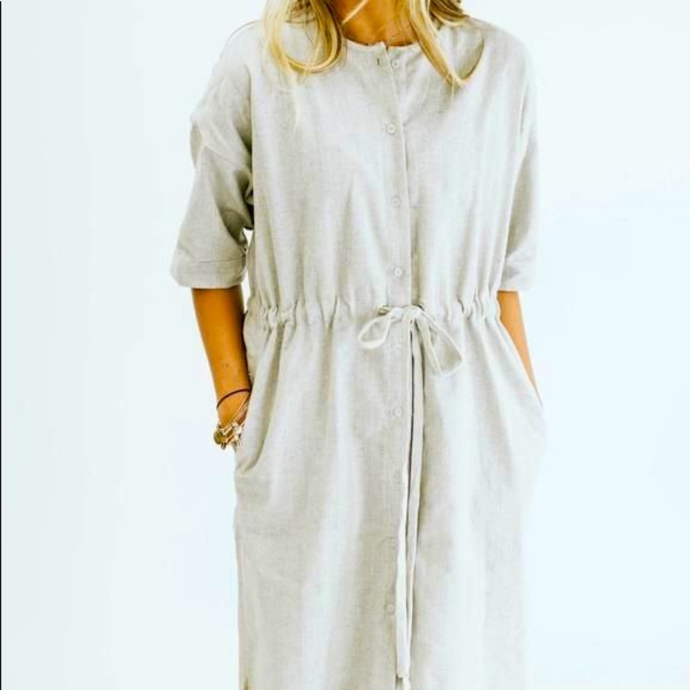 Roolee Faye Light Beige Midi Drawstring Shirt Dress cotton linen blend M/L